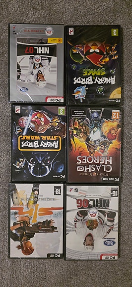 6 kpl PC-pelit Angry Birds Star Wars, Angry Birds, Clash of Heroes, NHL 06 ym