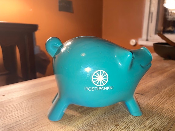 Postipankki / Postbanken säästöpossu muovia turkoosi
