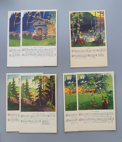 Vanhat postikortit kortit vintage laulunnuoteilla 7 kpl