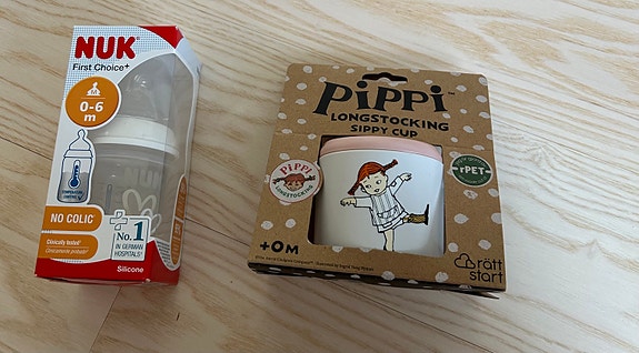 Peppi Pitkätossu nokkamuki ja NUK First Choice Plus tuttipullo
