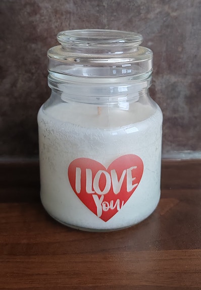 Iso " I LOVE YOU" - kynttilä / iso koriste lämpökynttilä paksulla lasilla