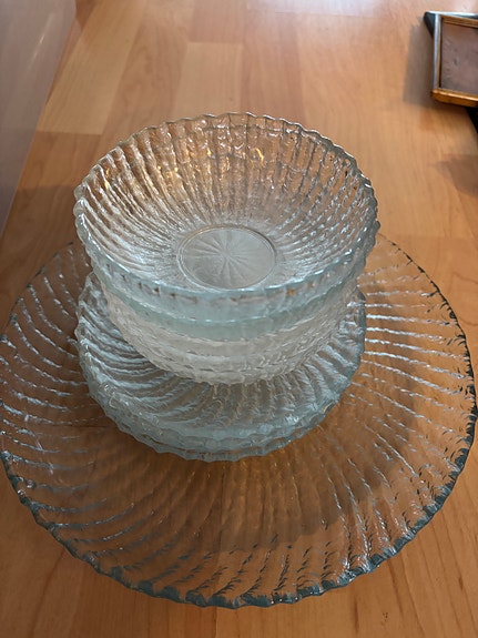 Riihimäen lasi Kehrä annoskulho + lautaset + lasit