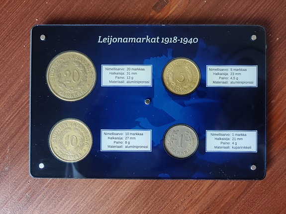 Leijonamarkat 1918–1940 keräilysetti – 1, 5, 10 ja 20 markkaa (1937–1939)