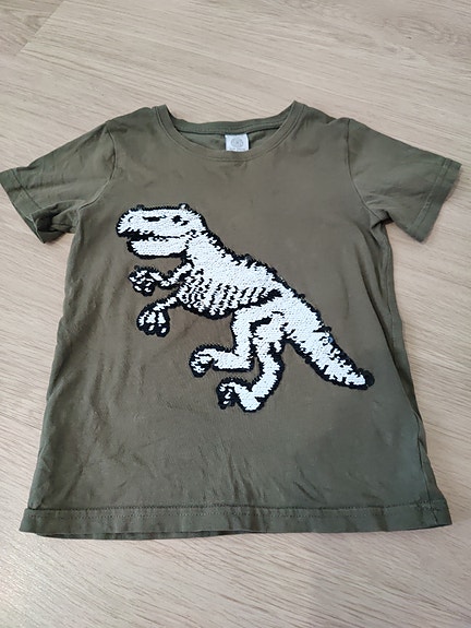 ALE Lindex dinosaurus paljetti kääntö t-paita 110 - 116