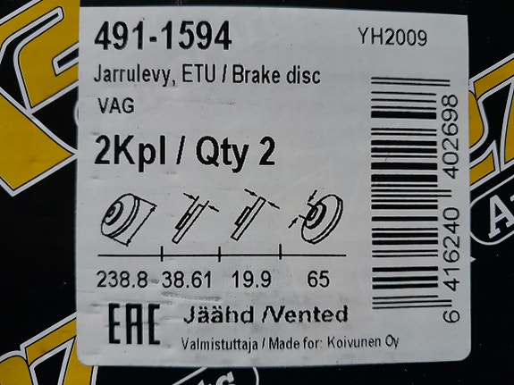 VW , Seat , Audi 80 Etu jarrulevyt