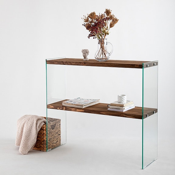 Walnut-värinen Lipasto - 100% Mäntyä, Karkaistu Lasi, 90x80x30 cm, Useita Hyl