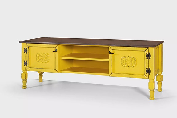 Keltainen TV-taso 150x40x50 cm, 100% MDF, Saranaovi 39 cm, Hylly 37,5x30x30 cm,