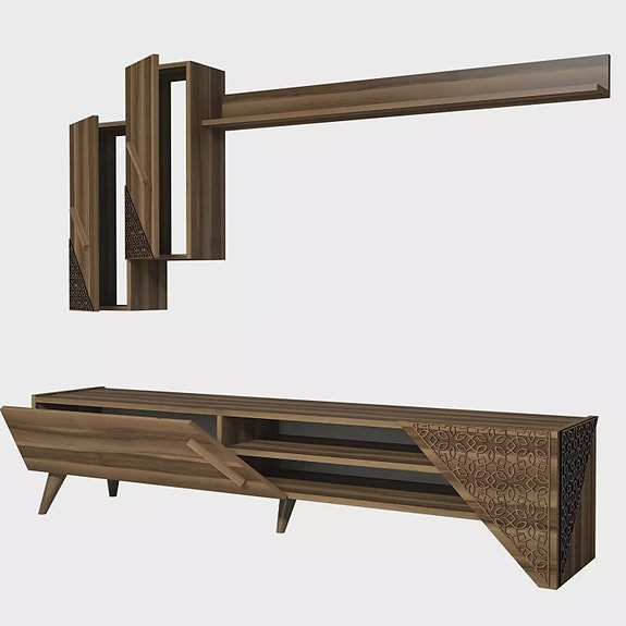 TV-taso, Pähkinä, 100% Melamiinipinnoitettu Lastulevy, 18 mm, CNC Relief 4 mm,