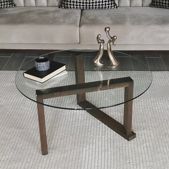 Walnut-värinen 100% massiivipuinen sohvapöytä, 80x80x41 cm, karkaistu lasikeh
