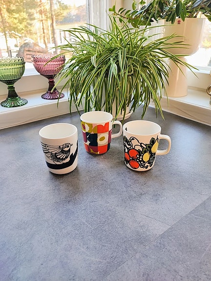 Pakkanen, Ruutu Unikko ja Pala taivasta muki 20e/kpl  (Marimekko)