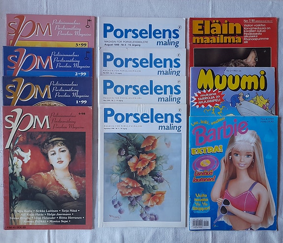 Lehtiä: Barbie, Muumi, Eläinmaailma, Posliininmaalaus, Porselens maling