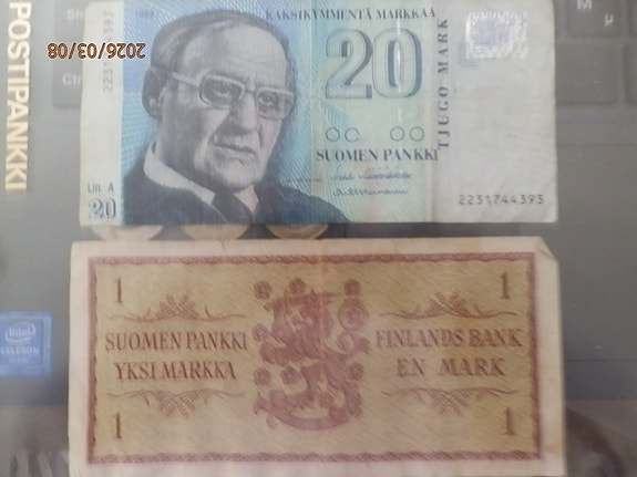 Suomen Pankki seteli 20 markkaa ja 1 markka