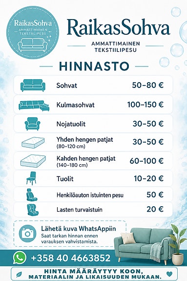 Tekstiilipesuri kotiisi. Sohva, tuoli, auton penkit, patja