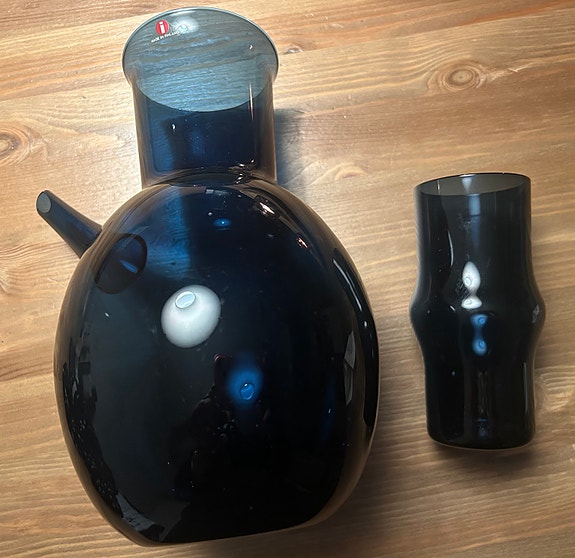 Timo Sarpaneva Iittala lasikannu ja juomalasi sininen 4-5 kpl
