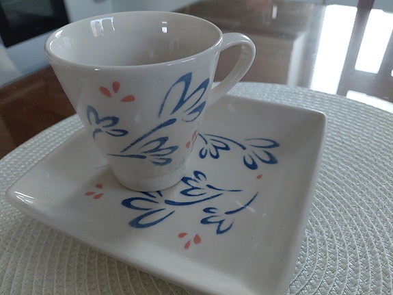 Pentik Linnea muki ja 15 cm lautanen sininen kuvio