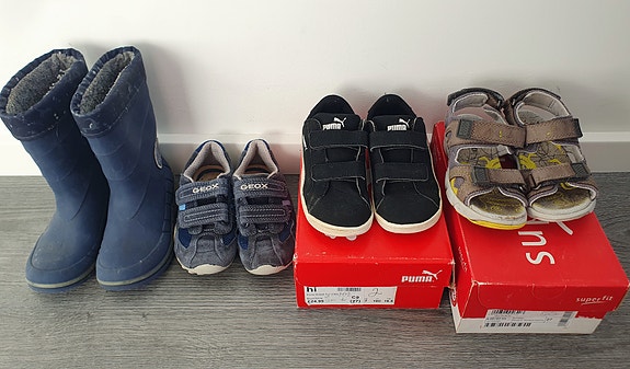 Kumisaappaat, lenkkarit, sandaalit (Geox, Superfit, Puma), koko 26-27