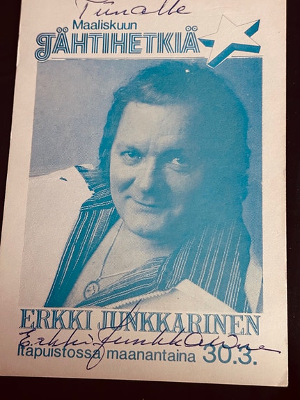 Erkki Junkkarinen mainoslehtinen nimikirjoituksella