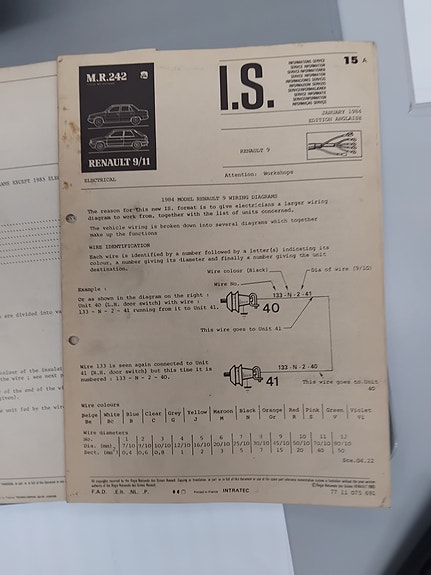 Korjaamokirja auton sähkölaitteiden kytkentäkaavioista Renault 9 / 11