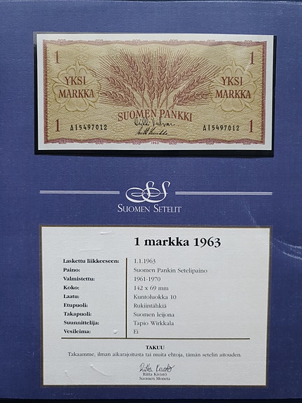 Suomen Pankki 1 markka 1963 seteli keräilyraha