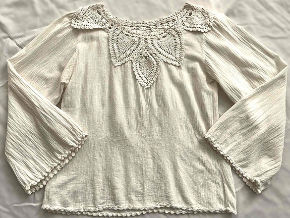 VINTAGE 70-luvun boho pitsikoristeinen valkoinen paita virkattu pitsi retro S M