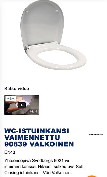 WC-istuinkansi vaimennettu valkoinen
