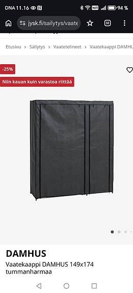 Jysk vaatekaappi kangasovella musta