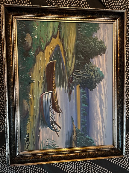 Allekirjoitettu maisemamaalaus veneaiheella kehystetty taulu