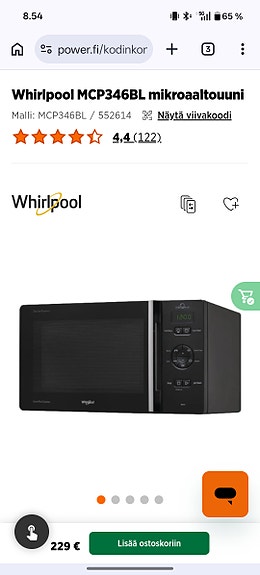 Whirlpool mikroaaltouuni musta
