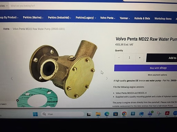 Volvo Penta MD22 raakavesipumppu messinki