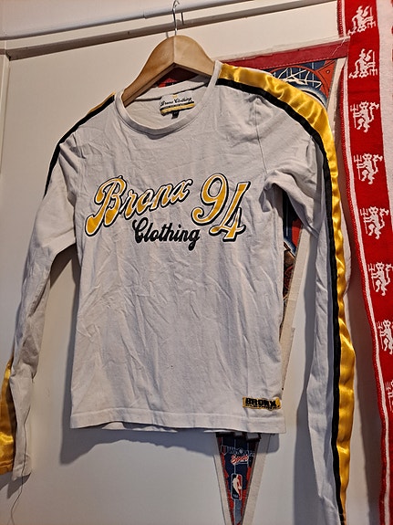 Bronx Clothing pitkähihainen paita XS valkoinen keltamustilla yksityiskohdilla