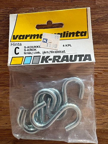 S-koukkuja 5 cm, avaamaton paketti, 4 koukkua