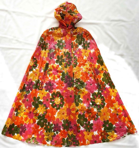 VINTAGE 70-luvun kukallinen sadeviitta poncho kirkas sadetakki hippi boho retro