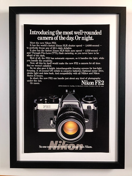 Framed 1984 Vintage Nikon FE2 Camera Original Magazine Advertisement