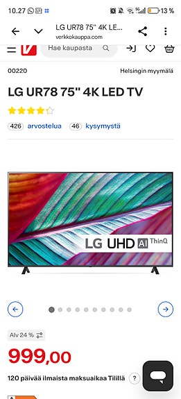 LG UR78 75" Led tv + seinäteline
