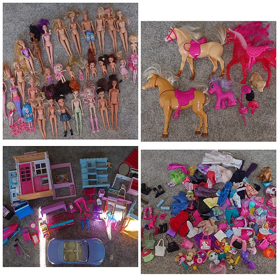 Barbie nuket, hevoset, auto, talo ja tarvikkeet