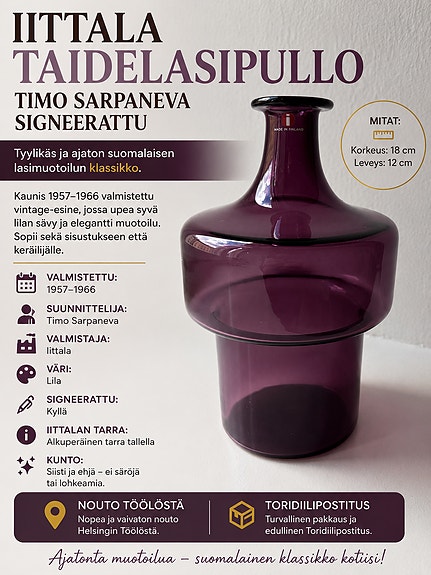 💜 Taidelasipullo – Timo Sarpaneva, signeerattu