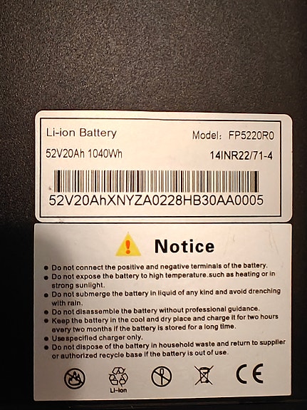 FP5220RD 52V 20Ah 1040Wh li-ion akku sähköpyörään