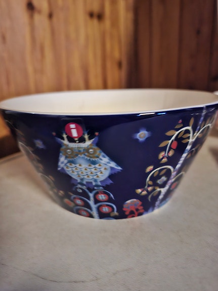 Uusi Iittala Taika kulho sininen pöllökuvio.