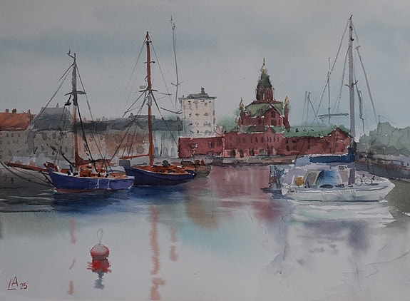 Katajanokka, maalattu pleinairissa, aito akvarelli 28 x 38 cm