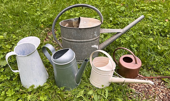 Metalliset kastelukannut ja kaadin, useita kokoja