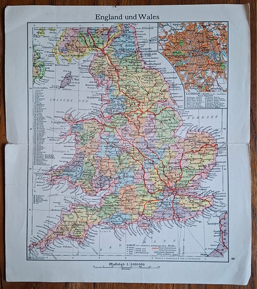 Vanha saksankielinen karttalehti (Englanti ja Wales)