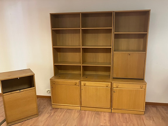 Tamminen kirjahylly ja rulokaappi