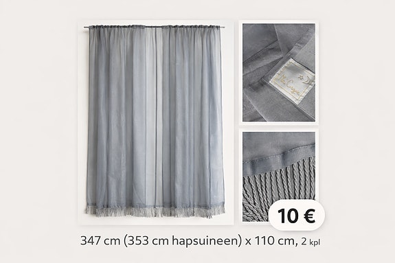 Ma Cirque harmaat organza valoverhot (347cm x 110 cm), hapsuillauilla