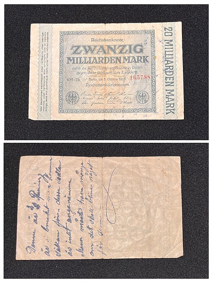 20 miljardin markan seteli 1923 aikalaiskommentilla