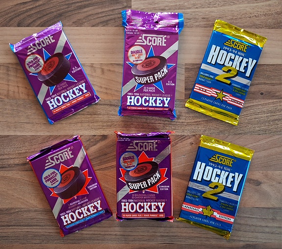 1993/94 Score, 6 kpl erilaista NHL-jääkiekkokortti pakkaa.