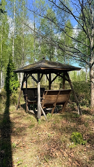 Puinen pihakeinu katoksella ja pöydällä
