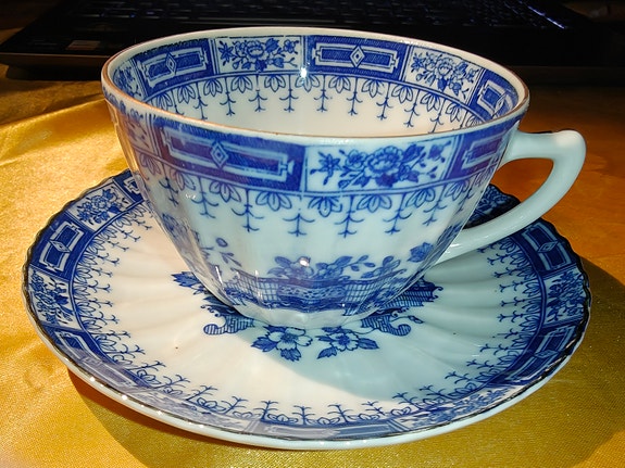 5 kupin ja lautasen vintage setti japanilaista China Blau tyyliä 50-60 luvulta