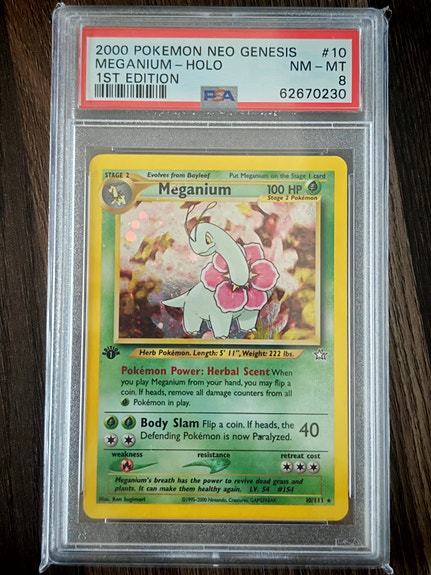 Pokemon kortti Meganium 1st edition Neo genesis PSA 8