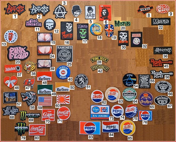 292 erilaisia kangasmerkkiä; Rock, Punk, Sport, Auto, Biker, Sport jne..