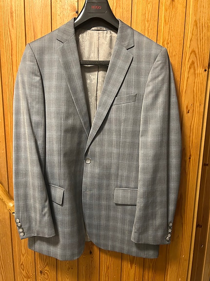 Hugo Boss miesten villapuku, takki ja housut koko 48 valkoinen/harmaa ruutu